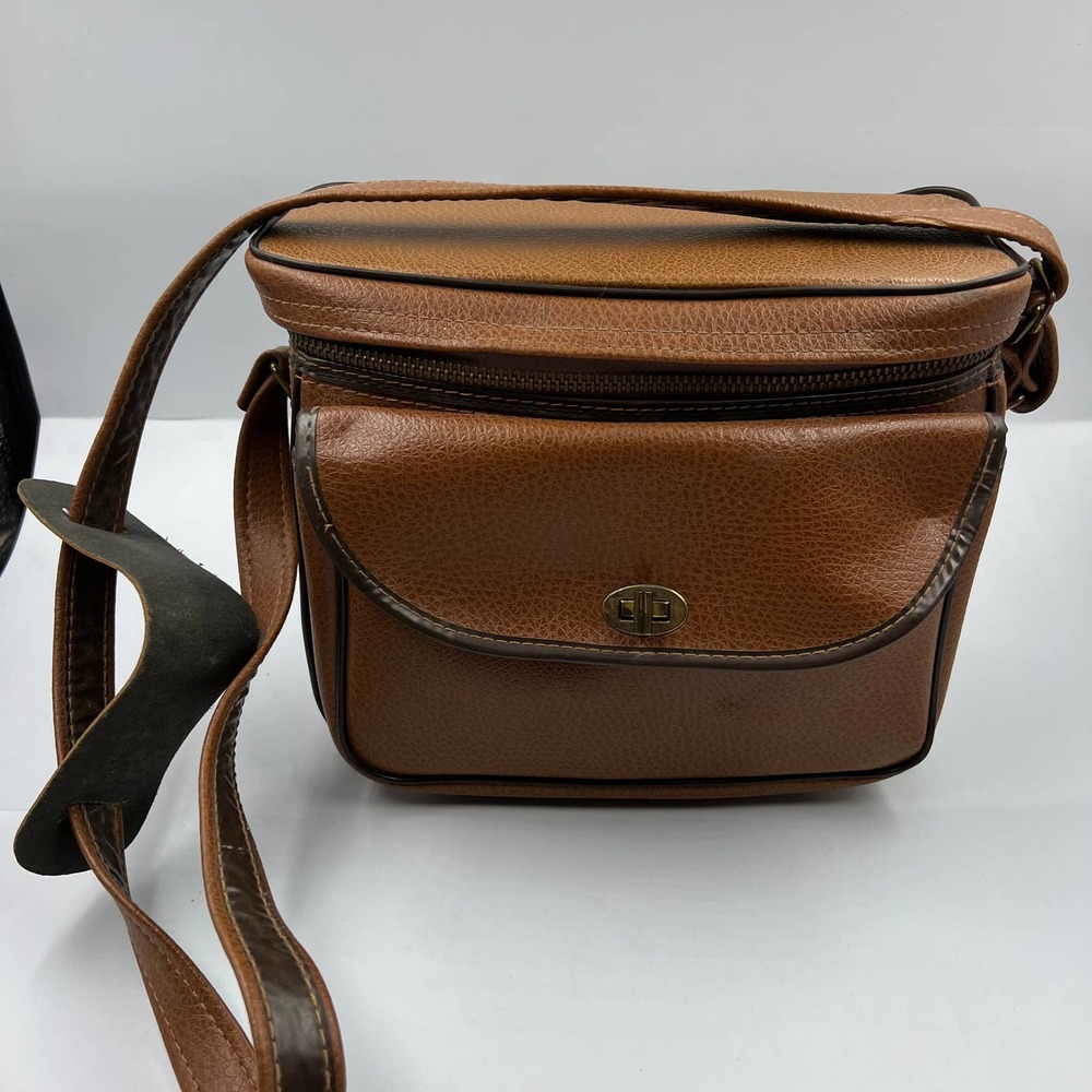 Vintage 1970's Camera Bag Faux Leather Tan Shoulder Strap Zippered Padded